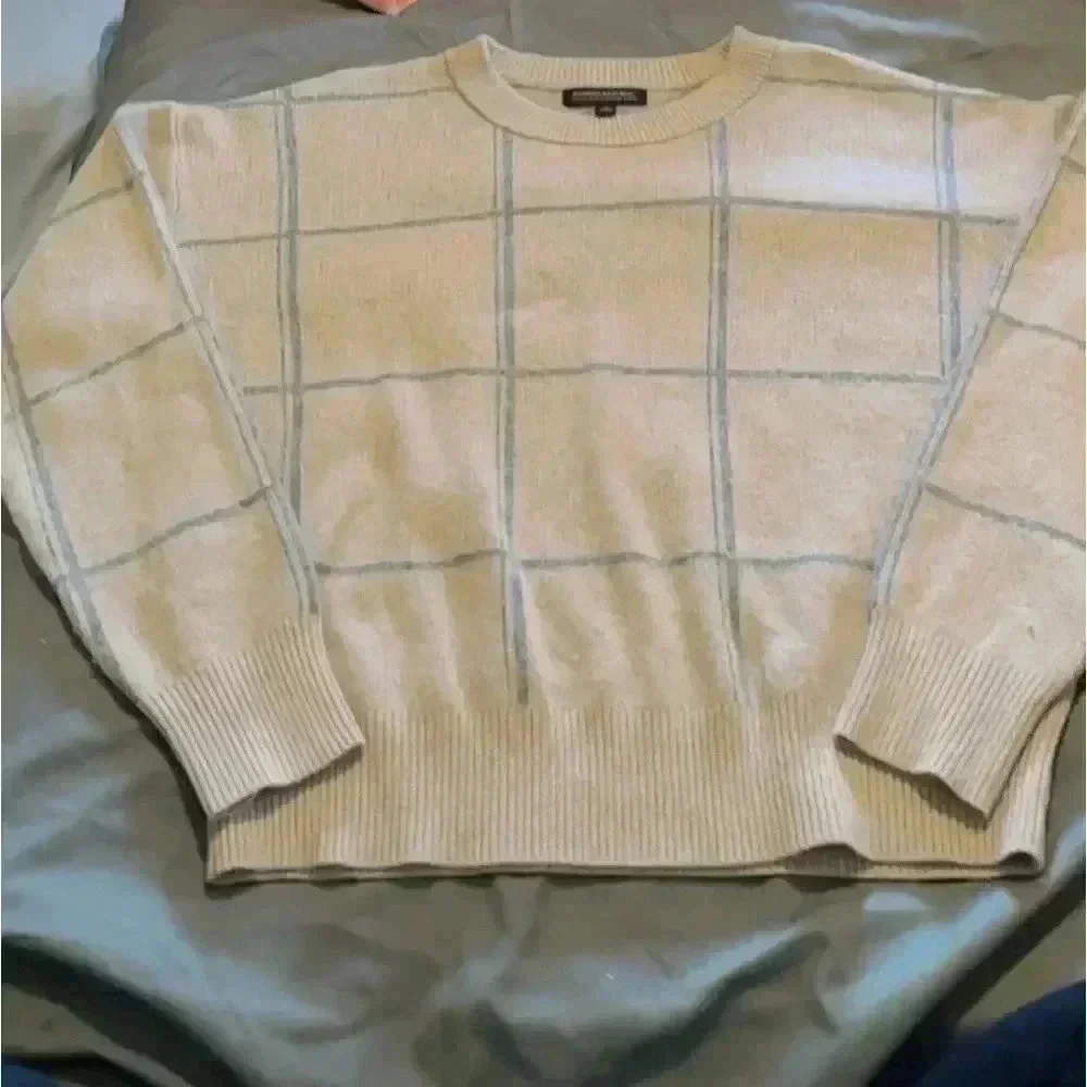 Banana Republic Italian Wool Cashmere Blend Windowpane Plaid Sweater Beige M‎